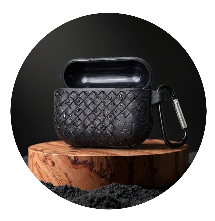 Earbuds case stand on wooden piece