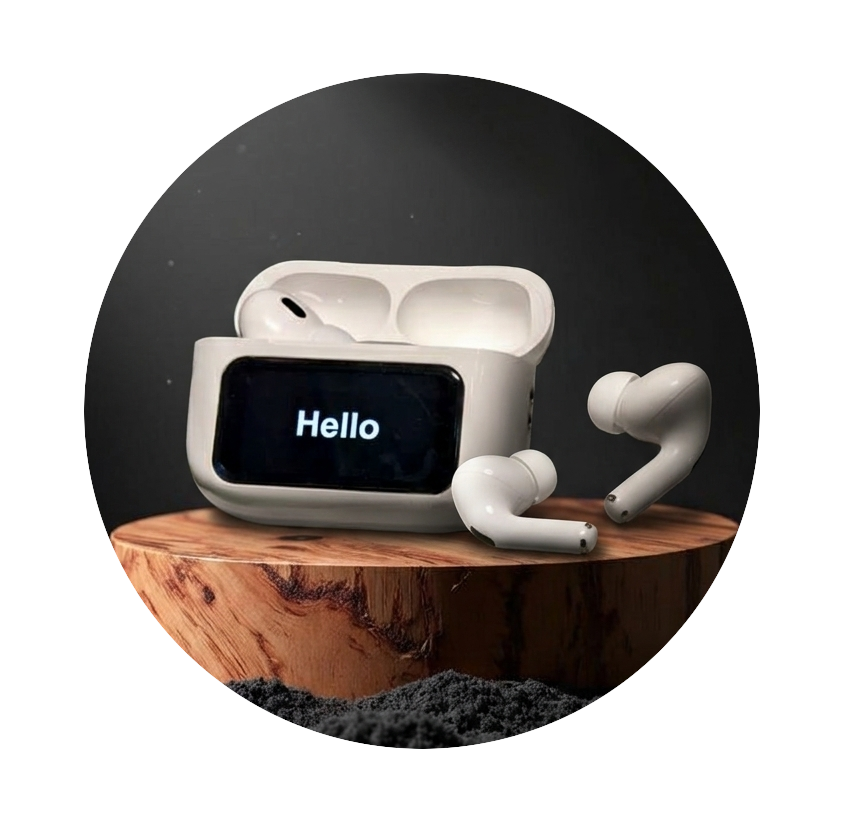 Collection of Earbuds with best quality and higher bass sound. earbuds with display screen saying (Hello) on the part of wood 