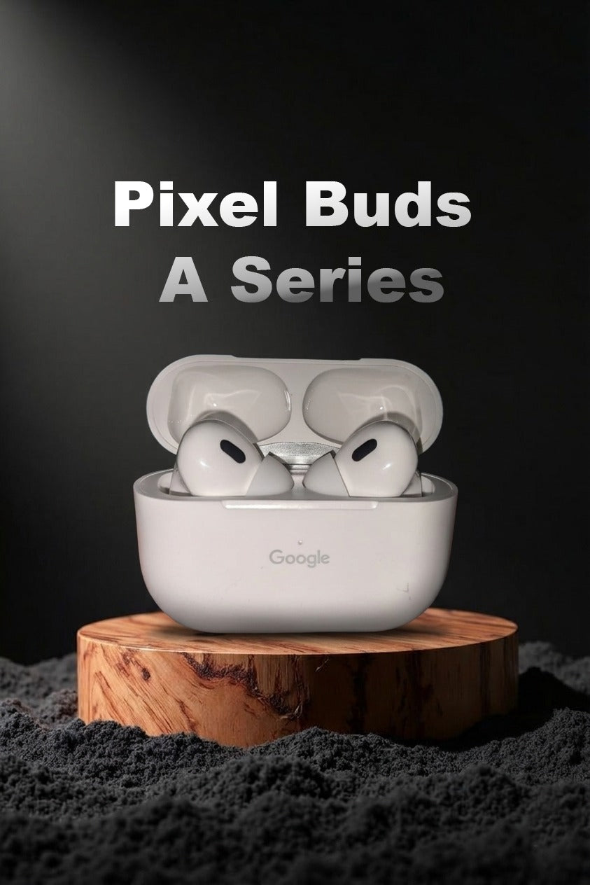 Google Pixel Buds A Series in charging case on a wooden platform with a black background.