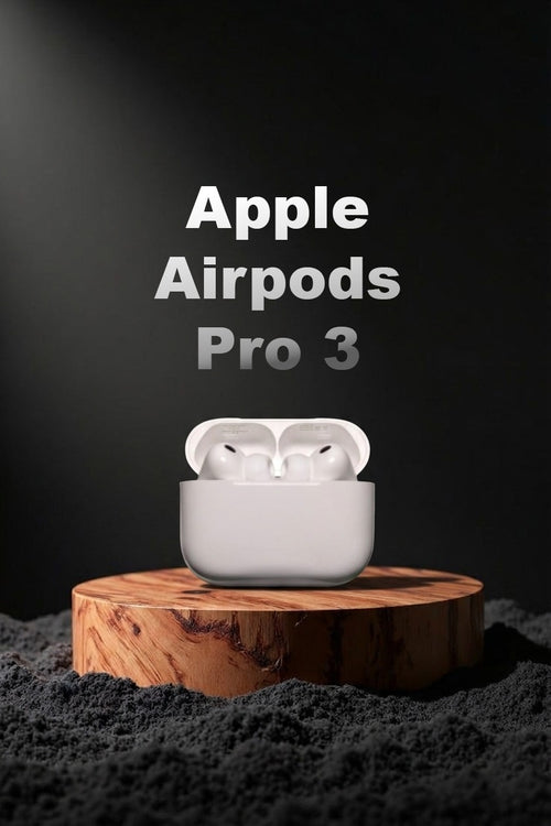 Apple AirPods Pro 3 in a white case on a wooden stand with a dark background