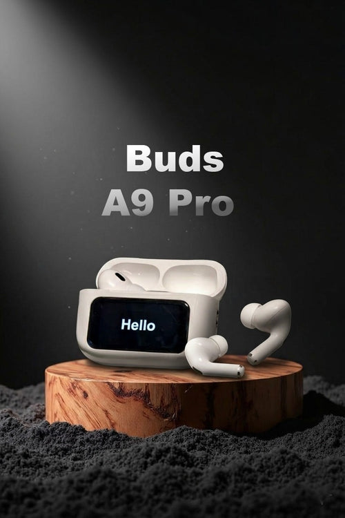 White wireless earbuds with charging case on a wooden stand against a dark background, featuring 'Buds A9 Pro' text and Display saying hello. 
