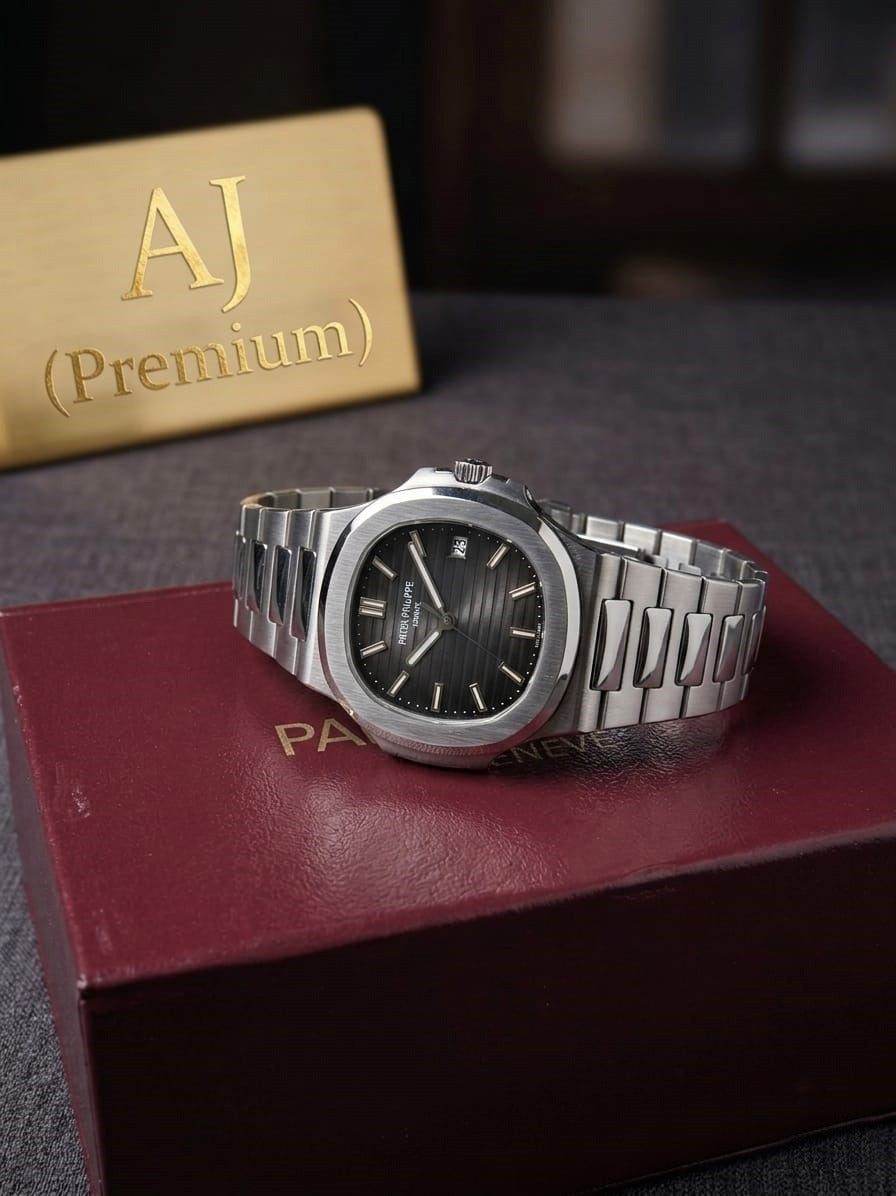 Silver watch on a red box with 'AJ Premium' branding in the background