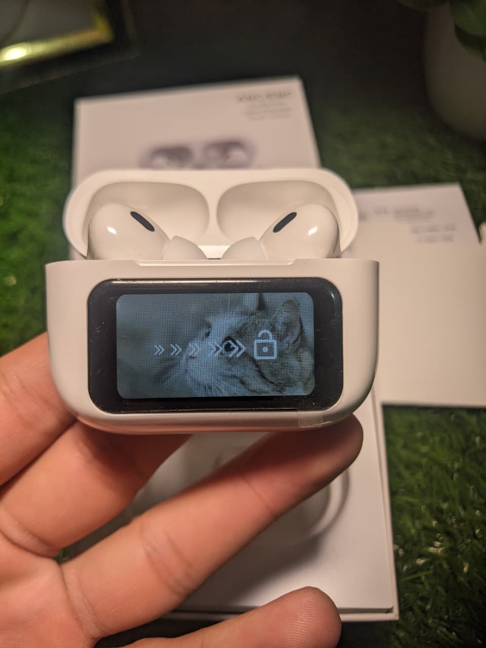 White electronic device with a screen displaying a cat's face, held in a hand on a grassy background